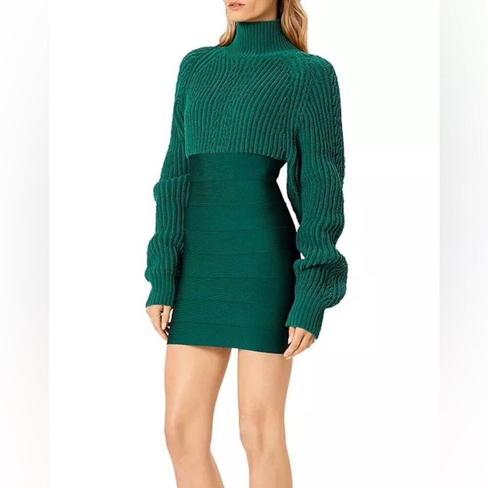 HERVE LEGER Bandage Sweater Dress Green Fall Winter Holiday Bodycon Sleek Large